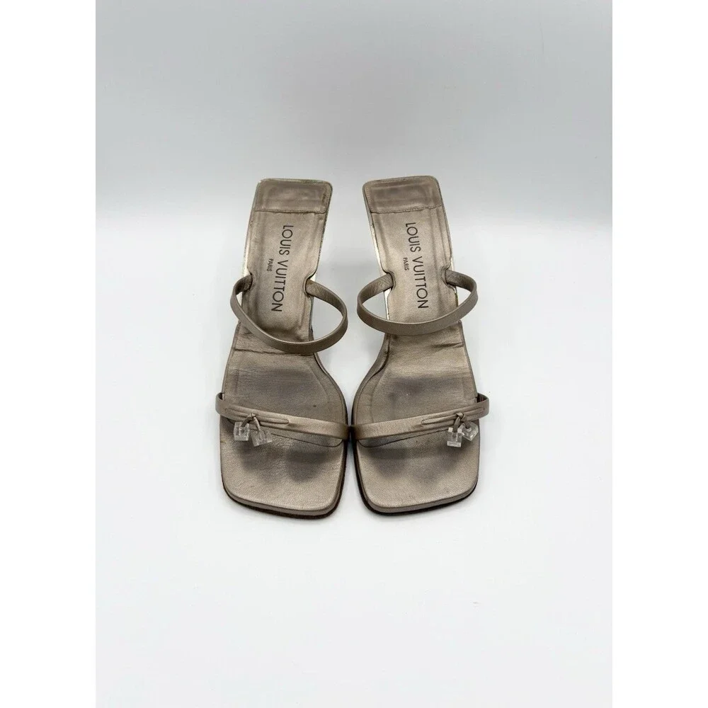 Louis Vuitton Gold Metallic Mule Sandals w/ LV Dice Accent Vintage Size EU 39